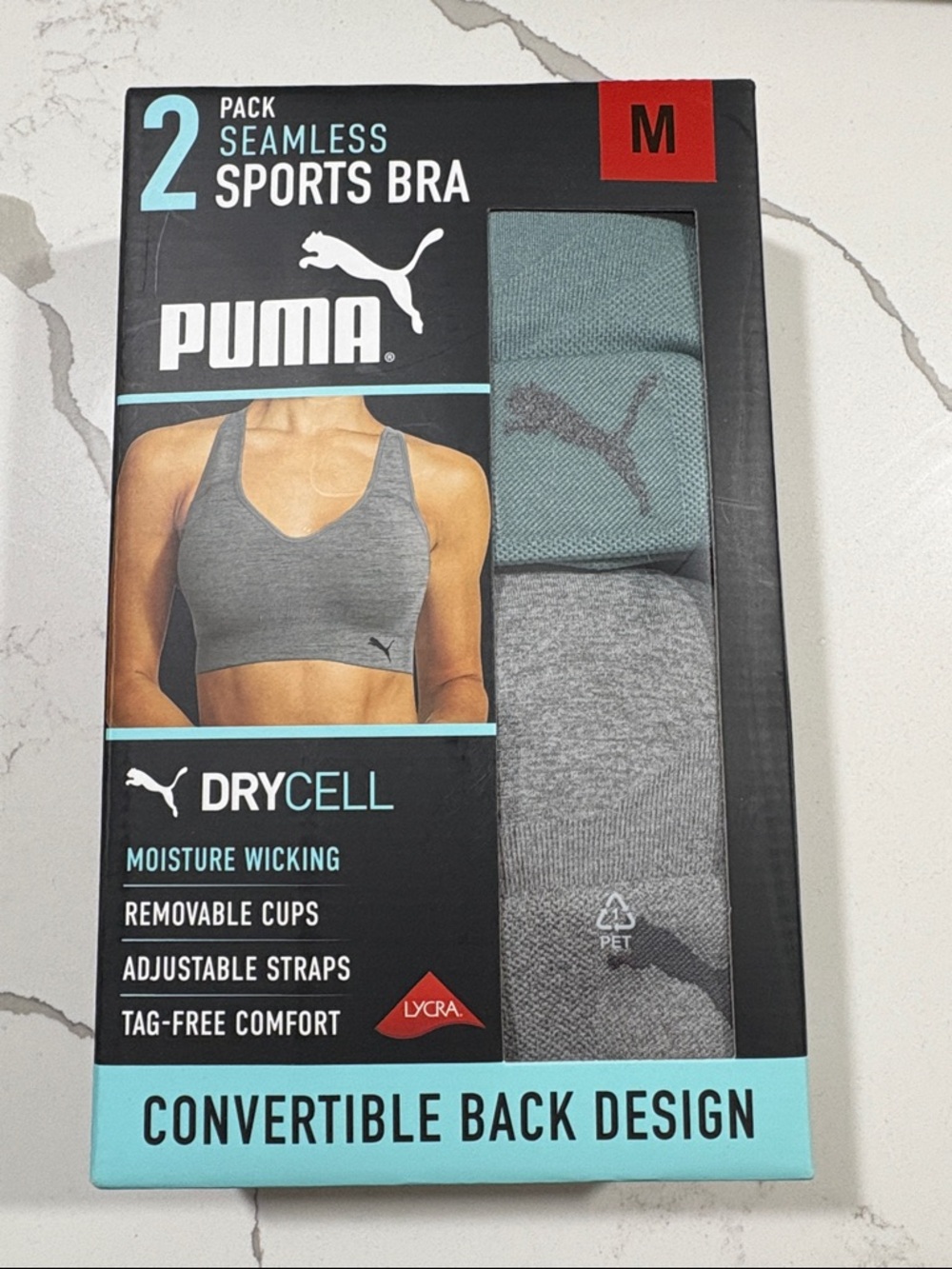 Puma 2-Pack Seamless Sports Bras in Gray & Teal - M